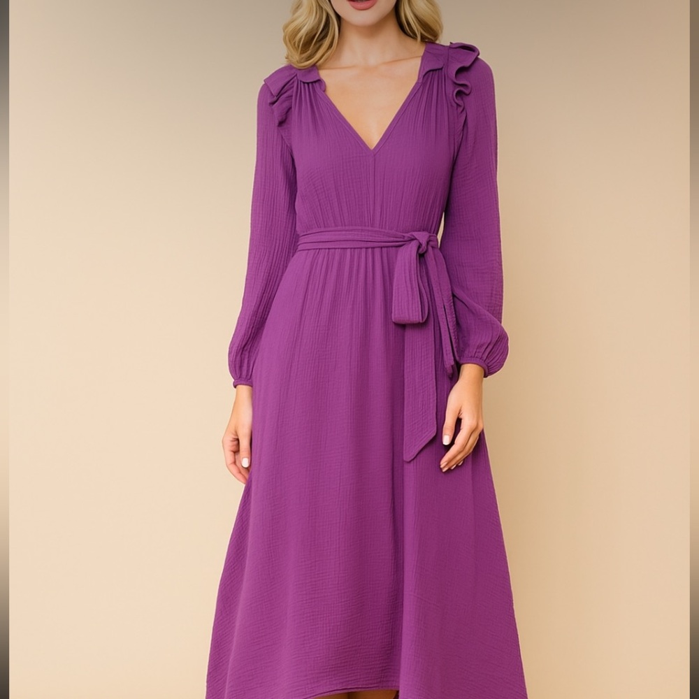 XiRENA | Purple Maxi Dress Crinkle Cotton Gauze V-neck | Ruffle Shoulder XS